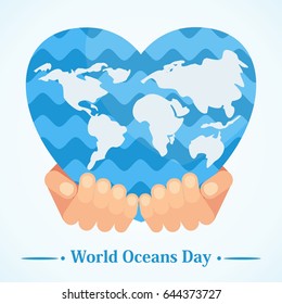 Hand holding world map in shape of heart. Oceans day concept poster and logo. Flat vector cartoon illustration. Objects isolated on a white background.