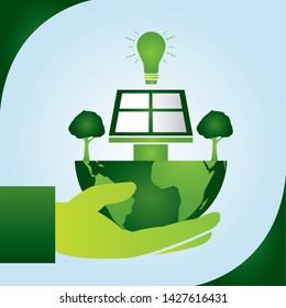 hand holding world solar panel light bulb eco friendly vector illustration
