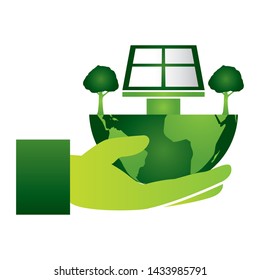 hand holding world solar panel trees eco friendly environment vector illustration