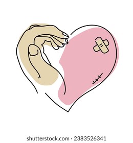 The hand holding the wounded heart. Helping and volunteering. Vector illustration.