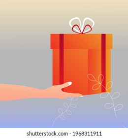 Hand holding wrapped colorful present box. Flat vector illustration. Gift box