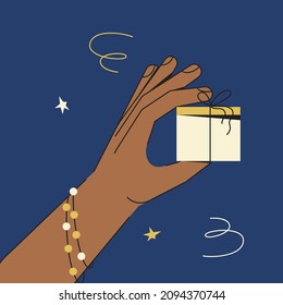 Hand Holding Wrapped Gift Box as Winter Holiday Congratulation Vector Illustration. Present and Christmas Souvenir Exchange Concept