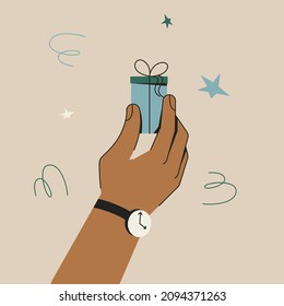 Hand Holding Wrapped Gift Box as Winter Holiday Congratulation Vector Illustration. Present and Christmas Souvenir Exchange Concept