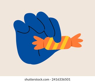 Mano sosteniendo dulces envueltos. Ilustración vectorial colorida
