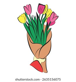Hand Holding Wrapped Tulip Bouquet. Colorful Floral Vector Art