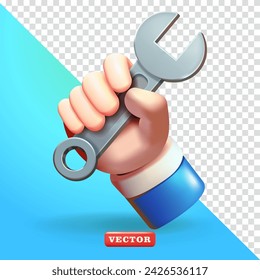 Hand holding a wrench, 3d vector. Suitable setting, labor, industrial and design elements