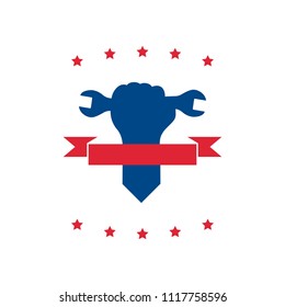 Hand holding a wrench, concept banner, vector illustration, flat silhouette, blue, red, ribbon, stars