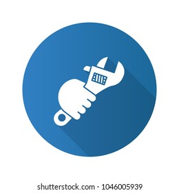 Hand holding wrench flat linear long shadow icon. Combination spanner turning bolt. Vector outline symbol
