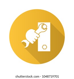 Hand holding wrench flat linear long shadow icon. Double open ended spanner turning bolt. Vector outline symbol