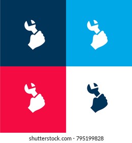 Hand Holding Up A Wrench Four Color Material And Minimal Icon Logo Set In Red And Blue