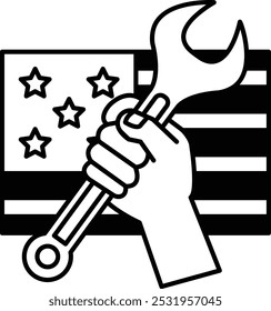 A hand holding a wrench in front of an American flag