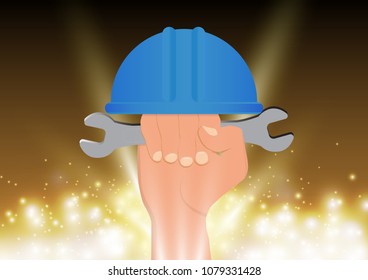 Hand holding wrench with hard hat, Labor Day concept vector illustration