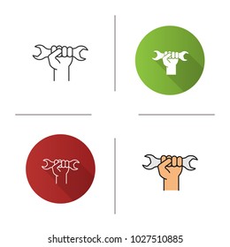 Hand holding wrench icon. Flat design, linear and color styles. Double open ended spanner. Isolated vector illustrations