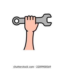 Hand holding a wrench icon. Repairman spanner in hand symbol. Vector illustration isolated on white background. 