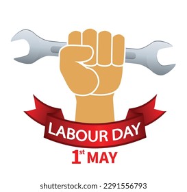 hand holding wrench, labor day banner isolated on white background. Graphic vector
