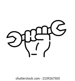 Hand holding up a wrench. Labour day worker solidarity and celebration symbol. Pixel perfect, editable stroke
