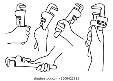 hand holding wrench, line art icon