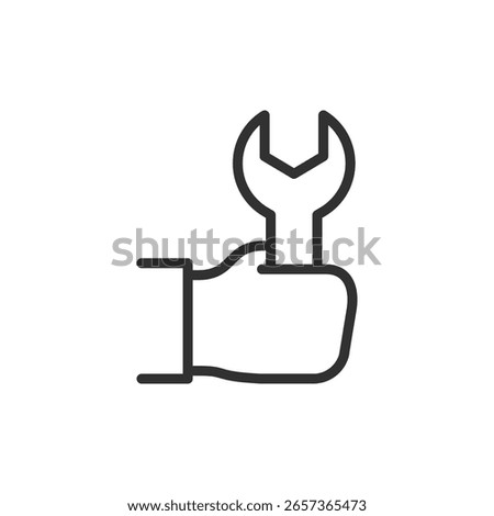 Hand holding wrench, linear icon. Manual repair, service work or DIY tool. Line with editable stroke.