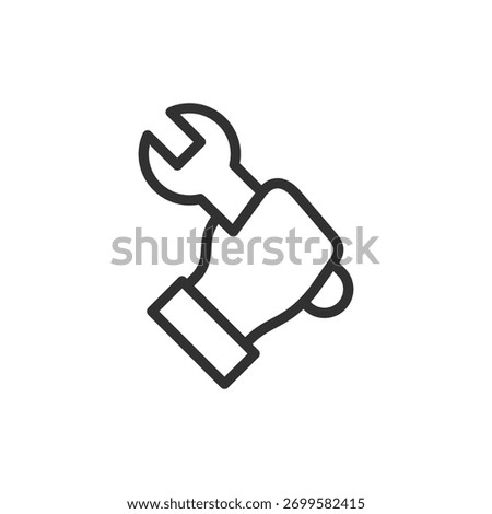 Hand holding wrench, linear icon. Repair service and technical assistance. Line with editable stroke.
