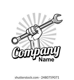 hand holding wrench logo vector illustration, Design element for logo, poster, card, banner, emblem, t shirt. Vector illustration