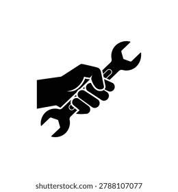 Hand holding wrench, mechanic tool icon, black filled vector