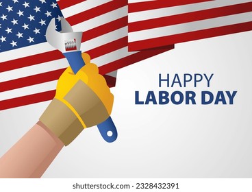 Hand holding a wrench on USA flag, for Labor Day poster or greeting card template, vector illustration