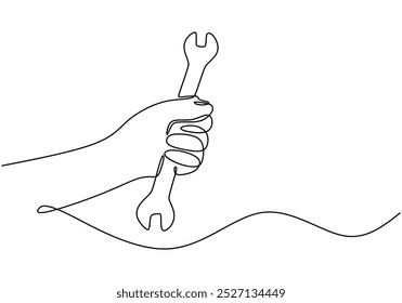 Mano que sostiene una llave inglesa en un dibujo de línea continua. Diseño minimalista para herramientas y mecánica. Ilustración dibujada a mano para la artesanía.