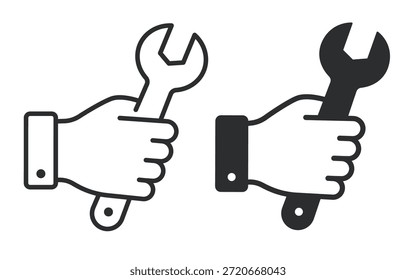 Hand holding wrench outline and filled icons collection.