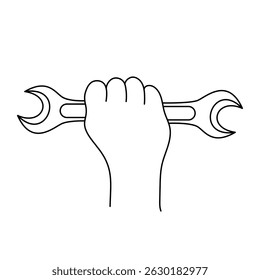 Hand Holding Wrench Outline Vector Illustration. A black and white vector illustration of a hand firmly gripping a double-ended open wrench.