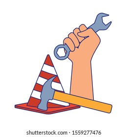 hand holding a wrench and safety cone with a hammer over white background, vector illustration