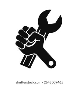 Hand Holding Wrench Silhouette Icon Isolated on White Background
