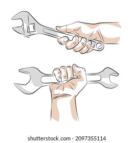 Hand holding wrench sketch - vector illustration