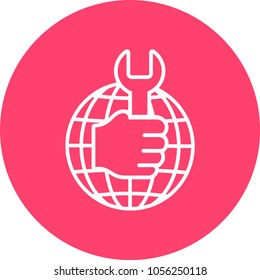 Hand holding wrench or spanner against globe and x cross sign on background. Concept of internet connection maintenance, technical problems solving. Vector illustration for web banner, website.