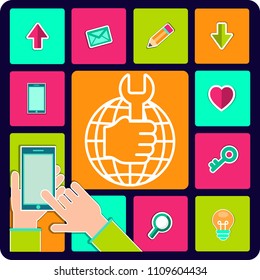 Llave de mano o esparadrapo contra el globo y x señal cruzada sobre el fondo. Concepto de mantenimiento de conexión a internet, resolución de problemas técnicos. Ilustración vectorial para banner web, sitio web.