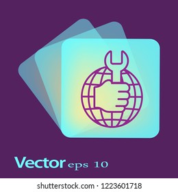 Llave de mano o esparadrapo contra el globo y x señal cruzada sobre el fondo. Concepto de mantenimiento de conexión a internet, resolución de problemas técnicos. Ilustración vectorial para banner web, sitio web.