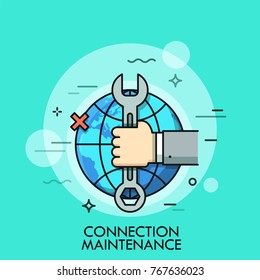 Hand holding wrench or spanner against globe and x cross sign on background. Concept of internet connection maintenance, technical problems solving. Vector illustration for web banner, website.