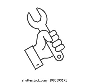 Hand holding wrench thin line icon. Repair and maintenance concept. Vector illustration symbol element for web design and apps