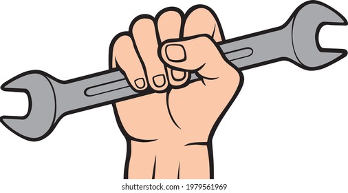 Hand holding wrench tool color vector