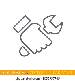 Hand holding wrench. Tool icon. Editable stroke sketch icon. Stock vector illustration.