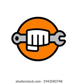 Hand holding wrench tool logo design, happy labour day symbol, vector illustration