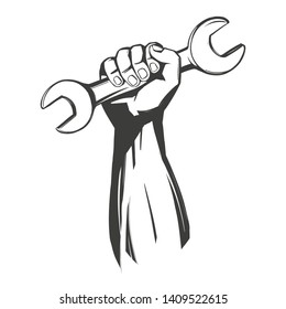 hand holding a wrench, tools icon cartoon hand drawn vector illustration sketch