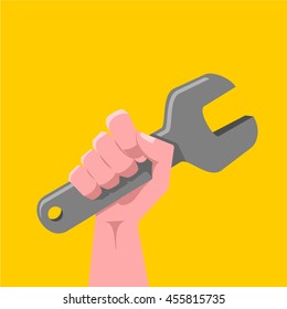 Hand holding wrench vector.