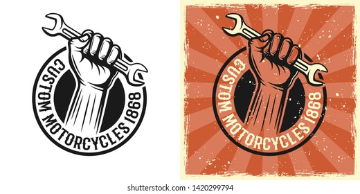 Hand holding wrench vector emblem, badge, label, print in two style monochrome and vintage colored with removable grunge textures