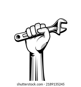 Hand holding wrench vector illustration in black color