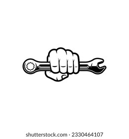 Hand holding wrench vector isolated on white background.