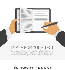 Hand holding and writing on notepad. Notebook and pen in hands of businessman. organizer or layout of the working time concept. Modern vector illustration in flat style.