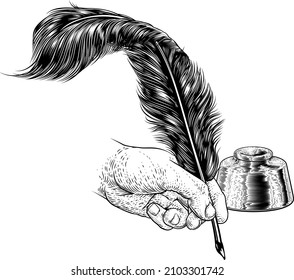 A hand holding or writing with a quill feather antique pen with ink well. In a retro vintage engraved or etched woodcut print style.