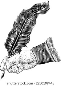 A hand holding writing with a quill feather antique ink pen. In a retro vintage engraved or etched woodcut print style.