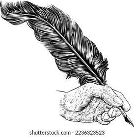 A hand holding writing with a quill feather antique ink pen. In a retro vintage engraved or etched woodcut print style.