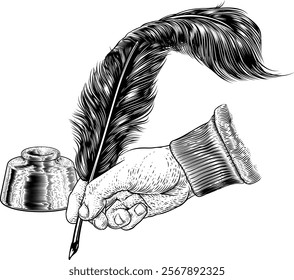 A hand holding or writing with a quill feather antique pen with ink well. In a retro vintage engraved or etched woodcut print style.